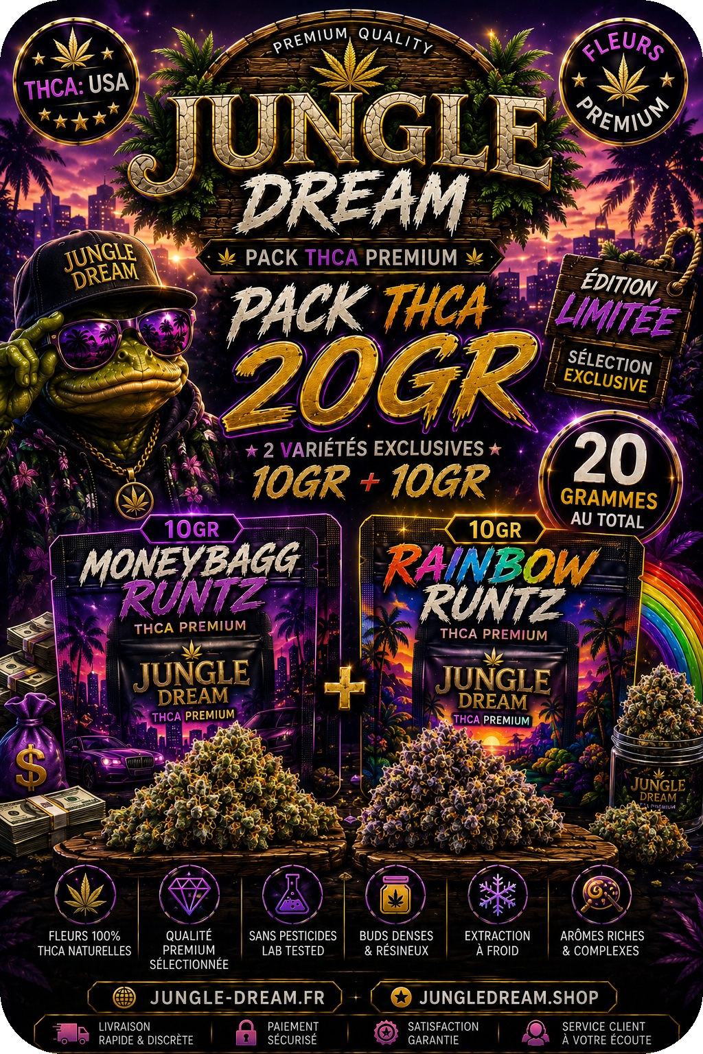 Pack 20G Fleurs THCA Premium AAAA+ – MoneyBagg Runtz & Rainbow Runtz