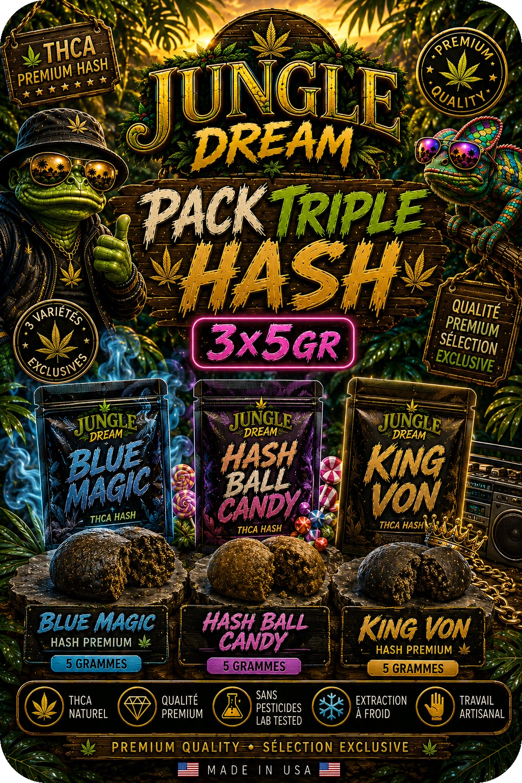 Pack Triple Hash Premium THCA 15G – Blue Magic, Hash Ball Candy & King Von