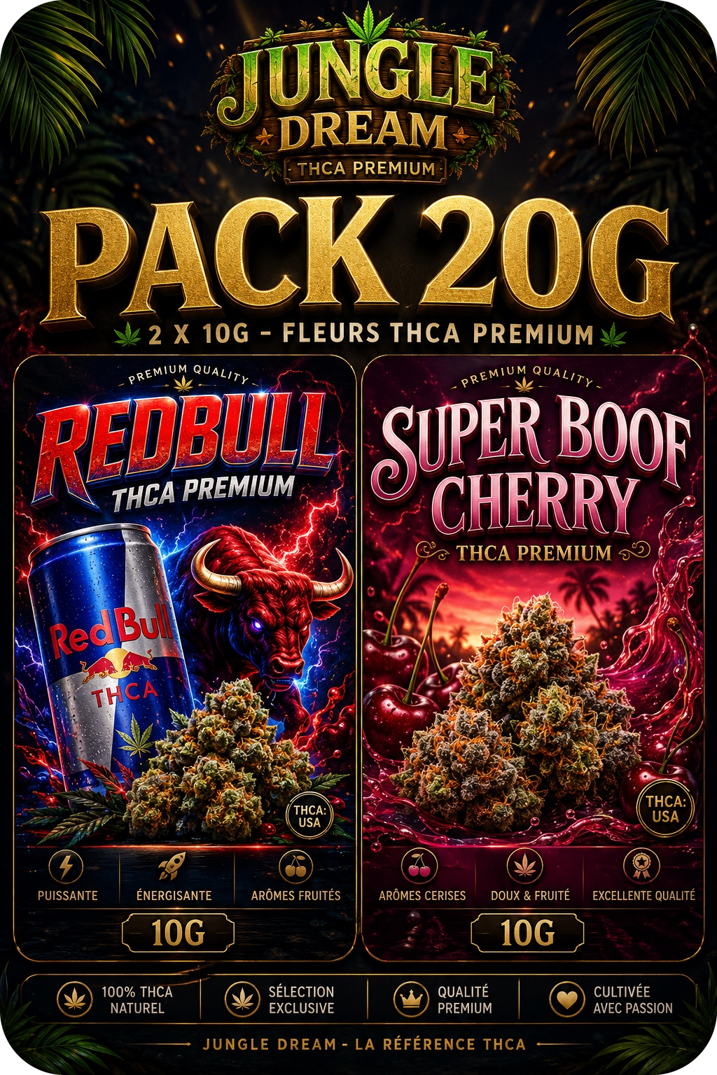 Pack 20 g THCA Premium – 10 g Red Bull + 10 g Super Boof Cherry